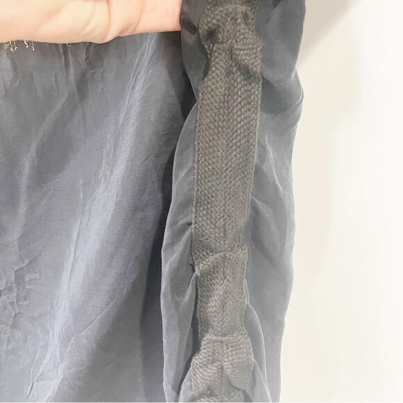 DUST Black Silk Blouse Ruched Roughed Side Hems Fringe Neckline - Picture 3 of 4